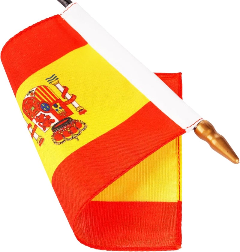 Wuliim Premiun Spain Desktop Flag Set - 4 x 6 inch Stitched Miniature Spainish Desk Flag with 12" Solid Pole, Black Base and Spear Top | Mini Spainish Office Table Flags - Vivid Color and Fade Resistant - Image 1